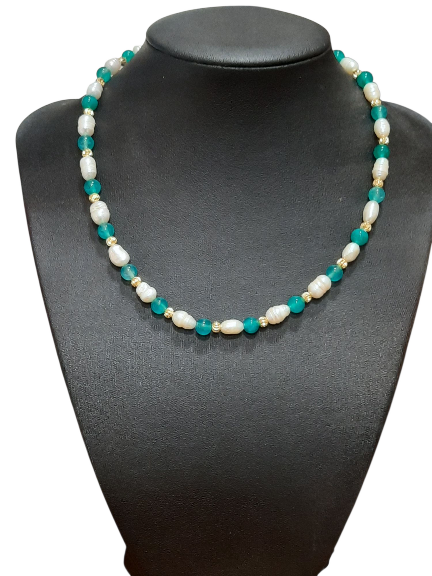 Gold plated white pearl and turquoise agate necklace