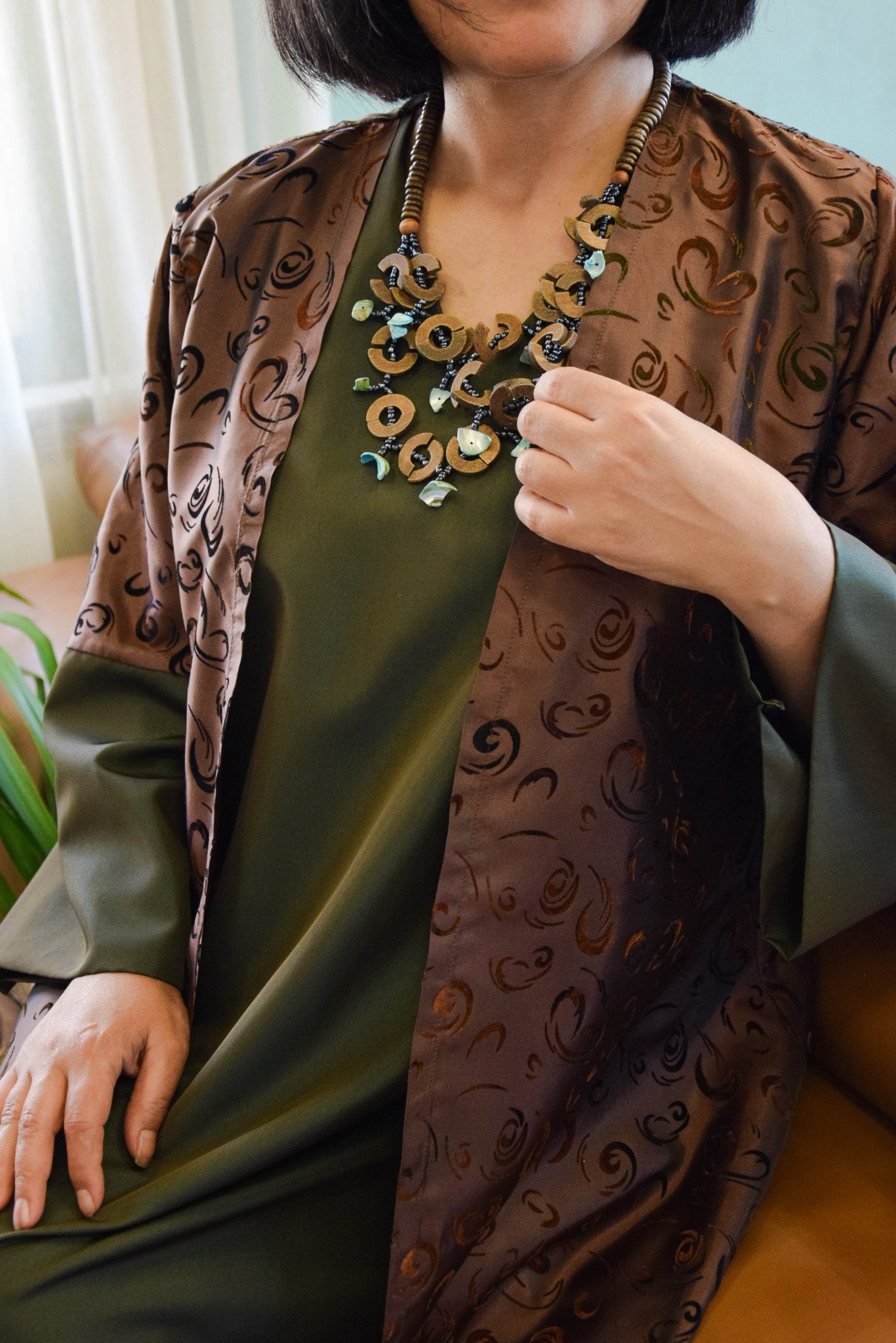 Brawn Tafta Dark Jacket Long Abay & Bark Green Dress Set - Virtual Bazaar Jordan