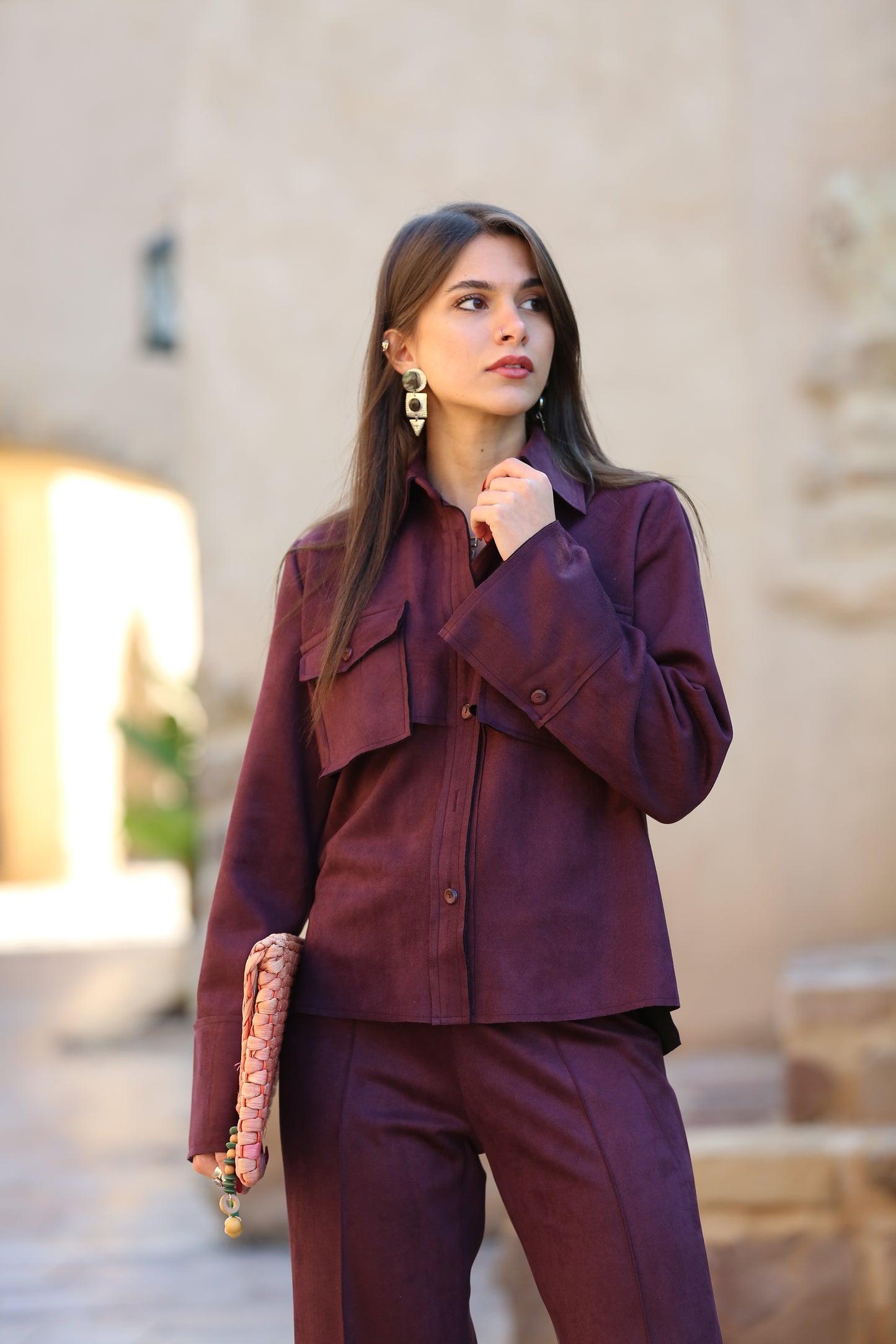 Suede Set Buttoned-Shirt with Pants