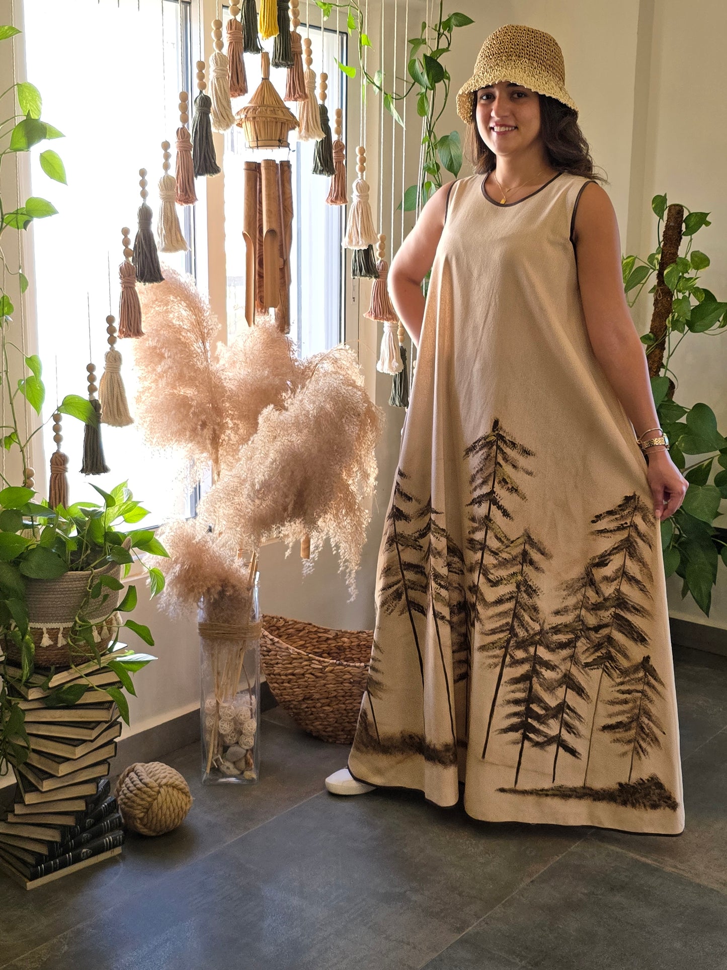 Linen Beig Long dress painted with Coffee