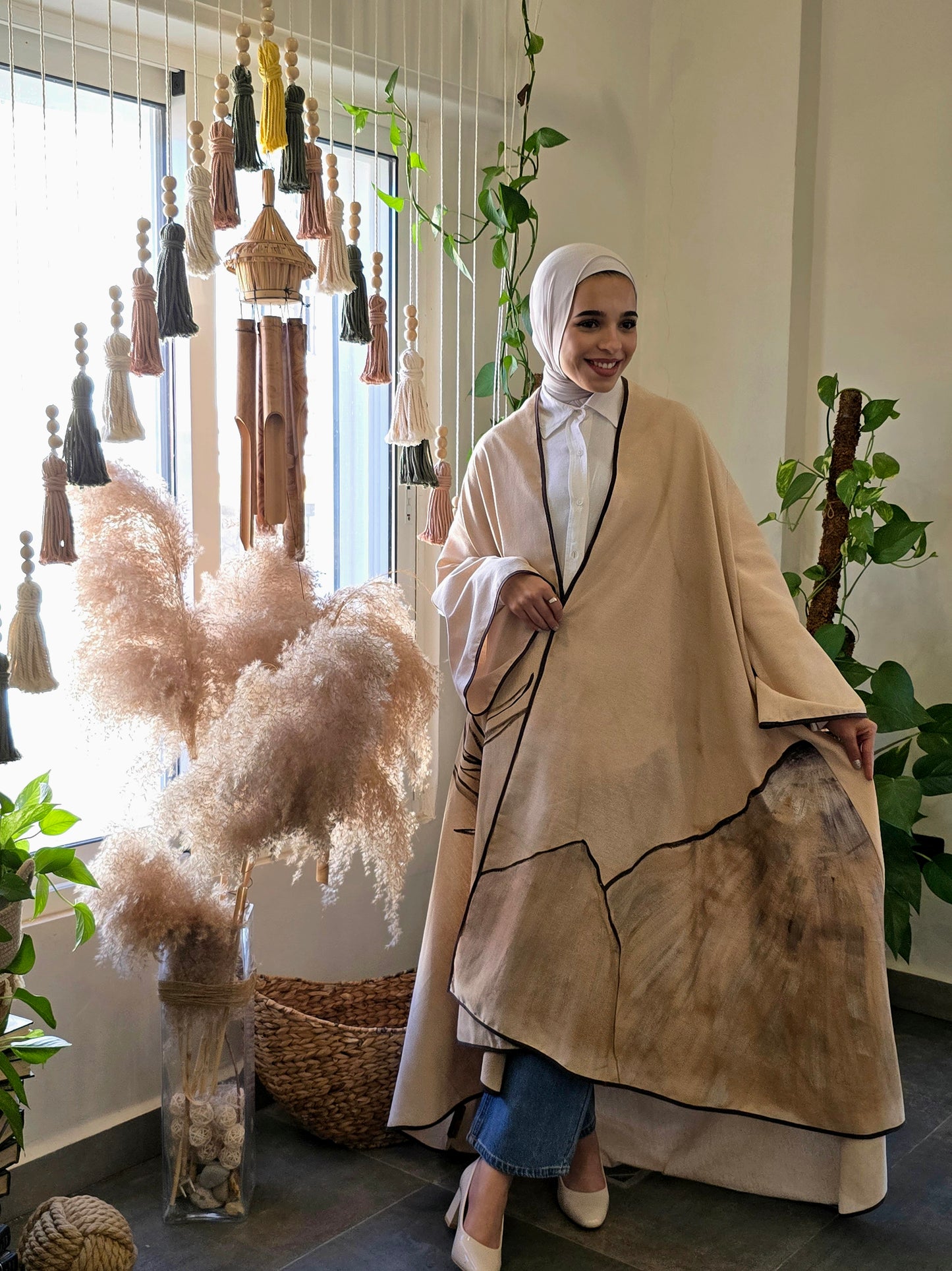 Linen Beig Long Jaket painted with Coffee