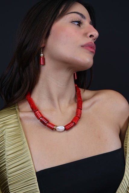 Set neckless and earnings made of coral and pearl - Virtual Bazaar Jordan