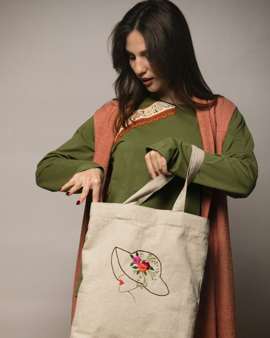 Linen Tote Bag with Embroidery