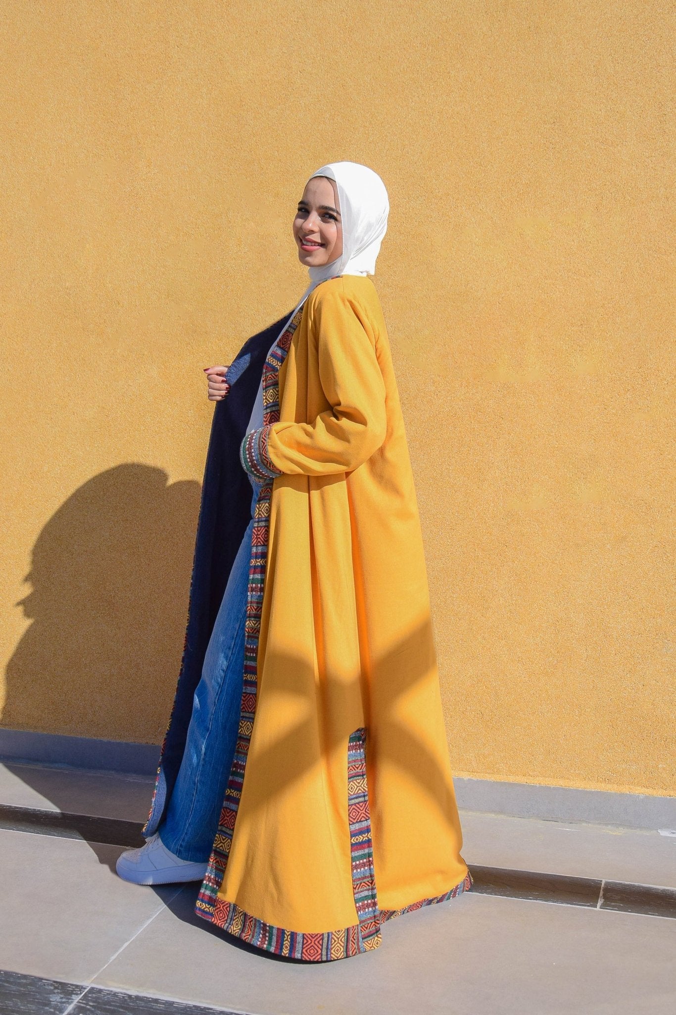 Linen Yallow dress with linen and fur long Jacket and sodo belt - Virtual Bazaar Jordan