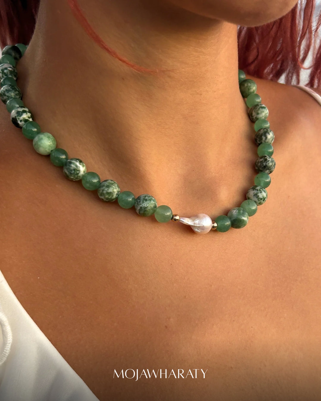 Green Jasper and Aventurine Necklace with Fresh Water Pearl