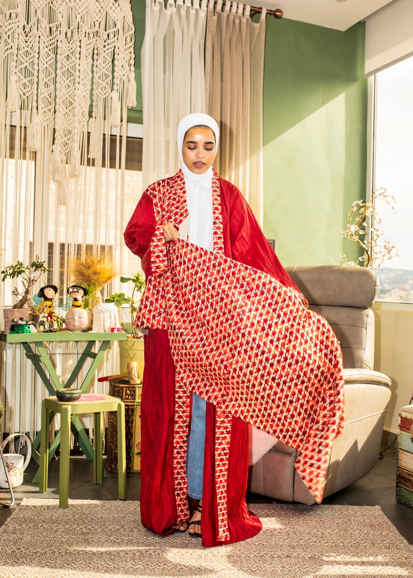 Red Abaya with Embroidery Shawl - Virtual Bazaar Jordan