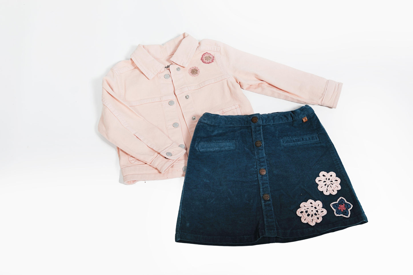 Jeans jacket with grey and pink mandalas, from Nabila's Creations