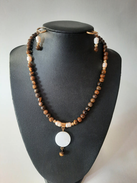 Gold plated Tiger eye necklace and earings with natural pearl