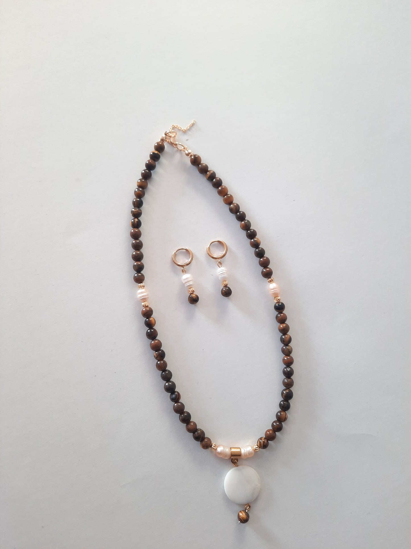 Gold plated Tiger eye necklace and earings with natural pearl
