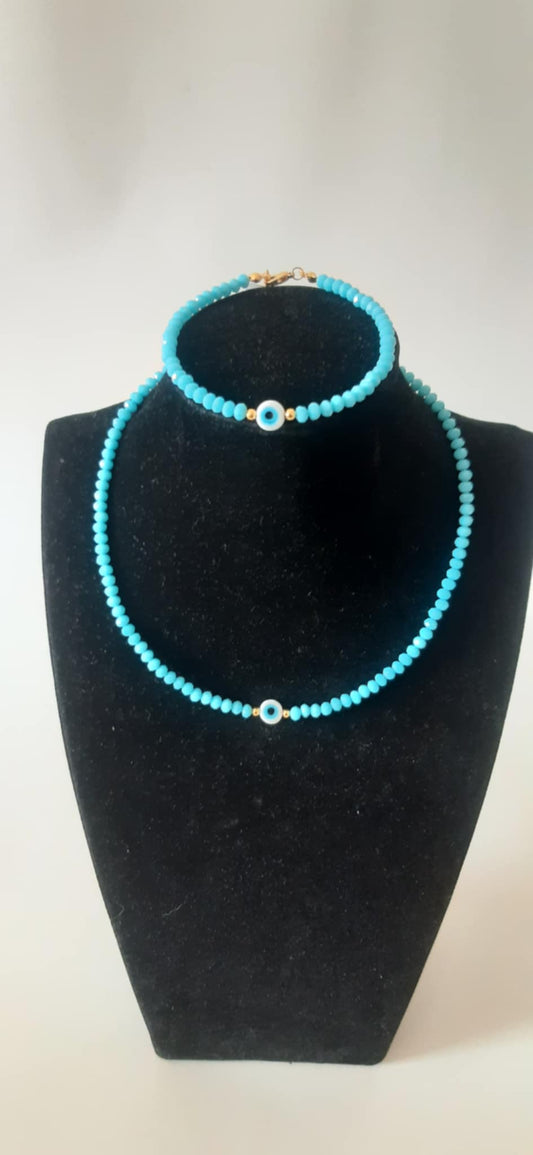 Gold plated evel eye necklace and bracelet