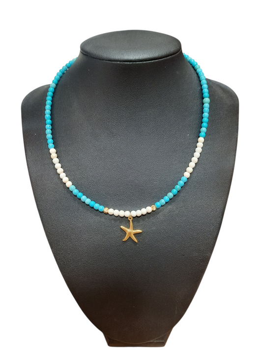 Gold plated white and turquoise stone necklace