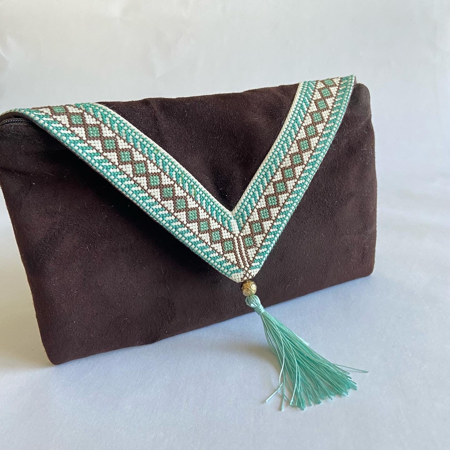 Traditional real suede dark brown clutch, from Nabila's Creations