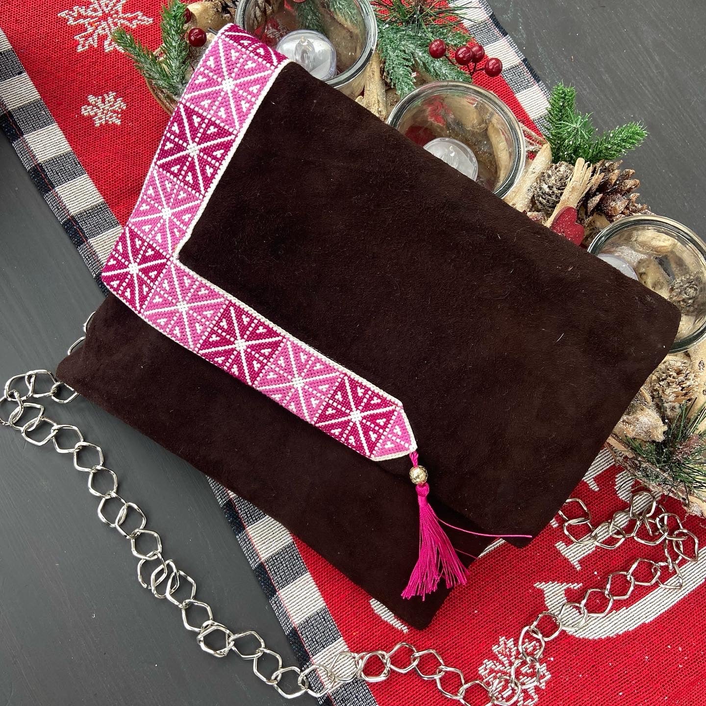 Traditional real suede dark brown clutch, from Nabila's Creations