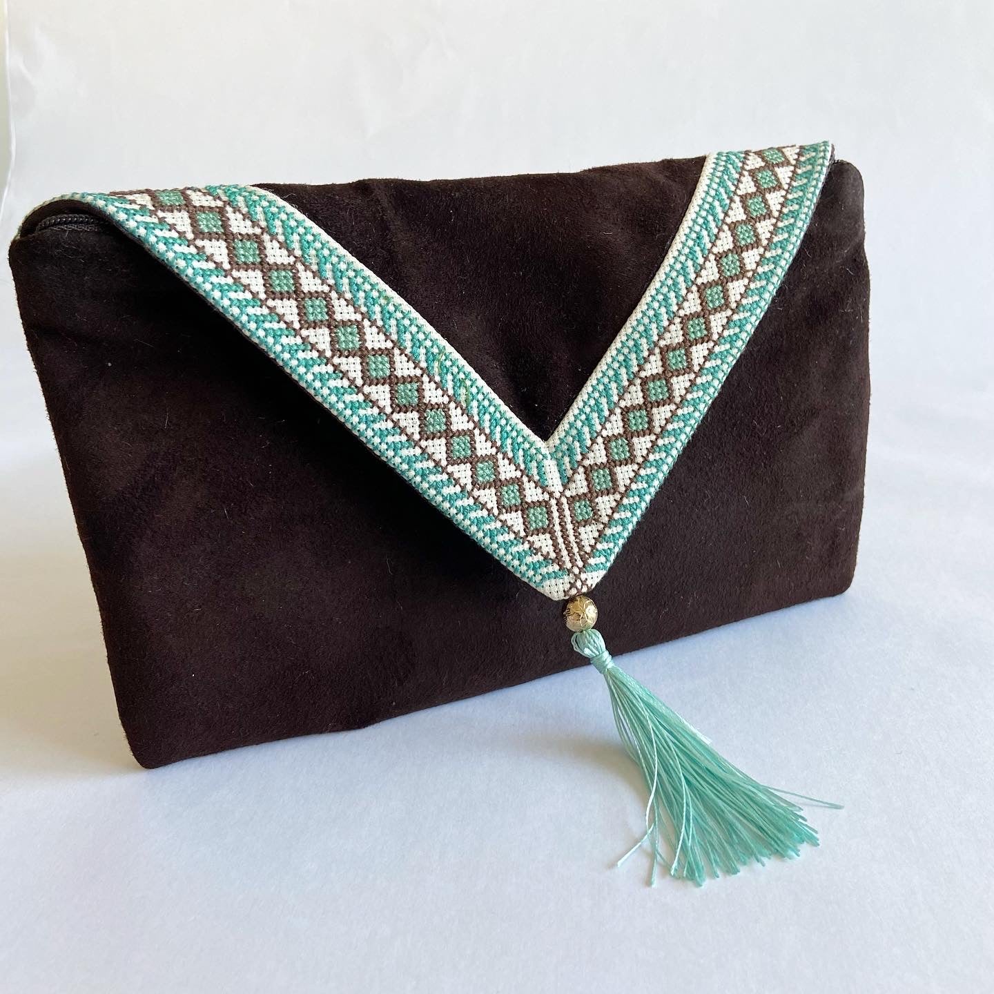 Traditional real suede dark brown clutch, from Nabila's Creations
