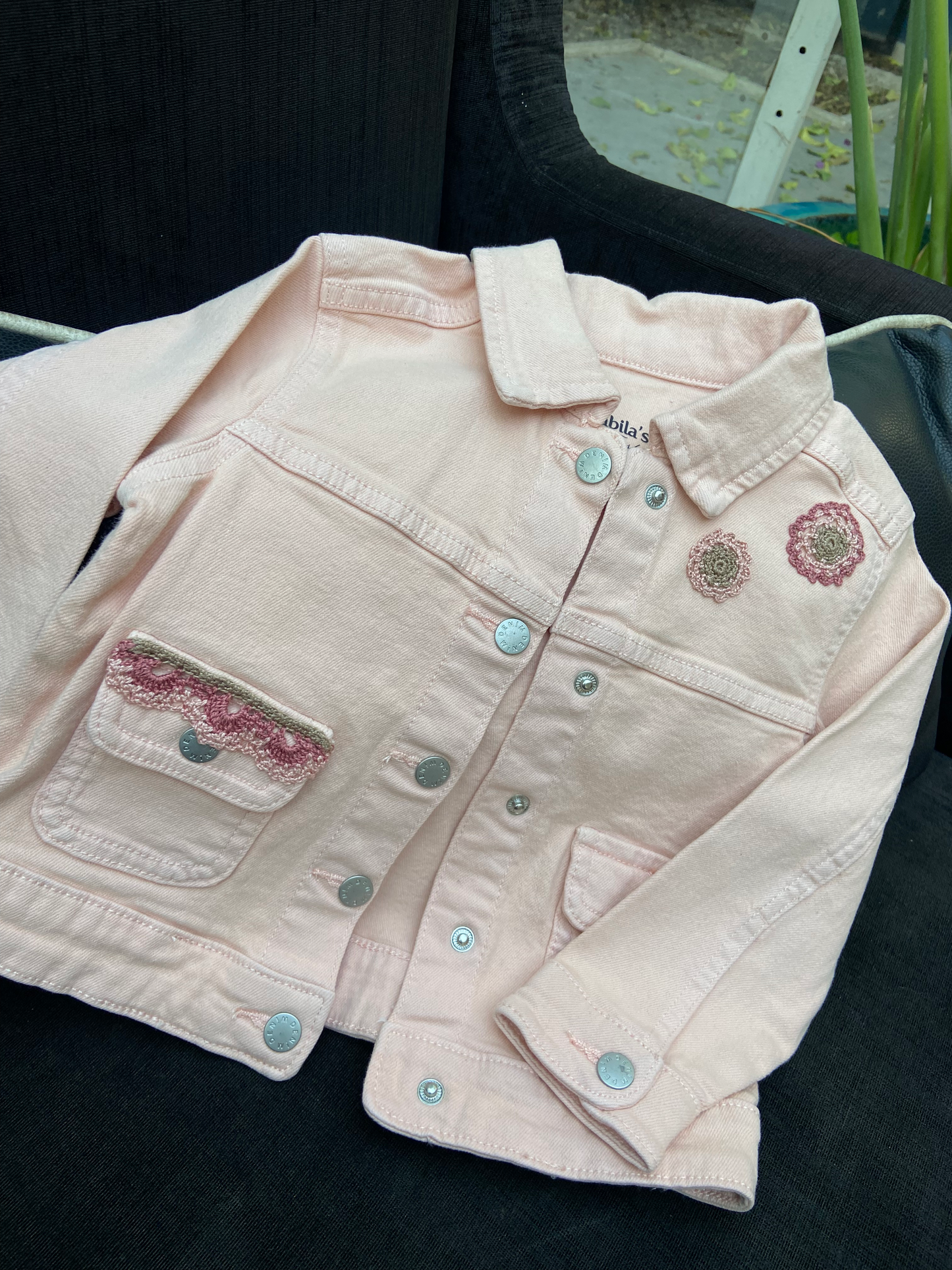 Jeans jacket with grey and pink mandalas, from Nabila's Creations