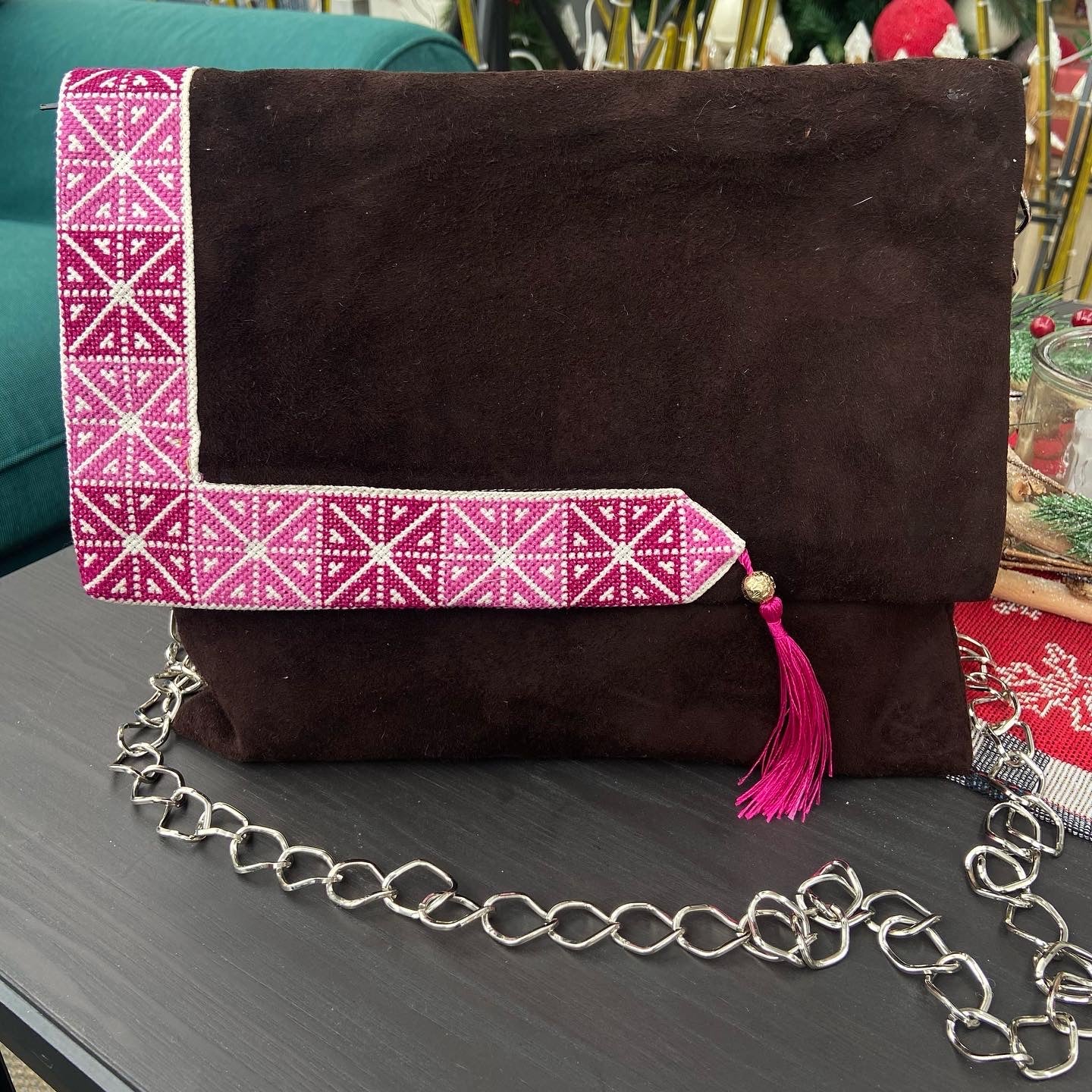 Traditional real suede dark brown clutch, from Nabila's Creations