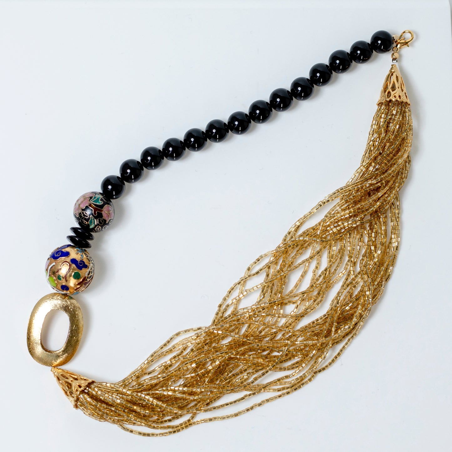 Black Onix, Mina Printed ,Golden Beads Necklace, By Fayze's Gemstone