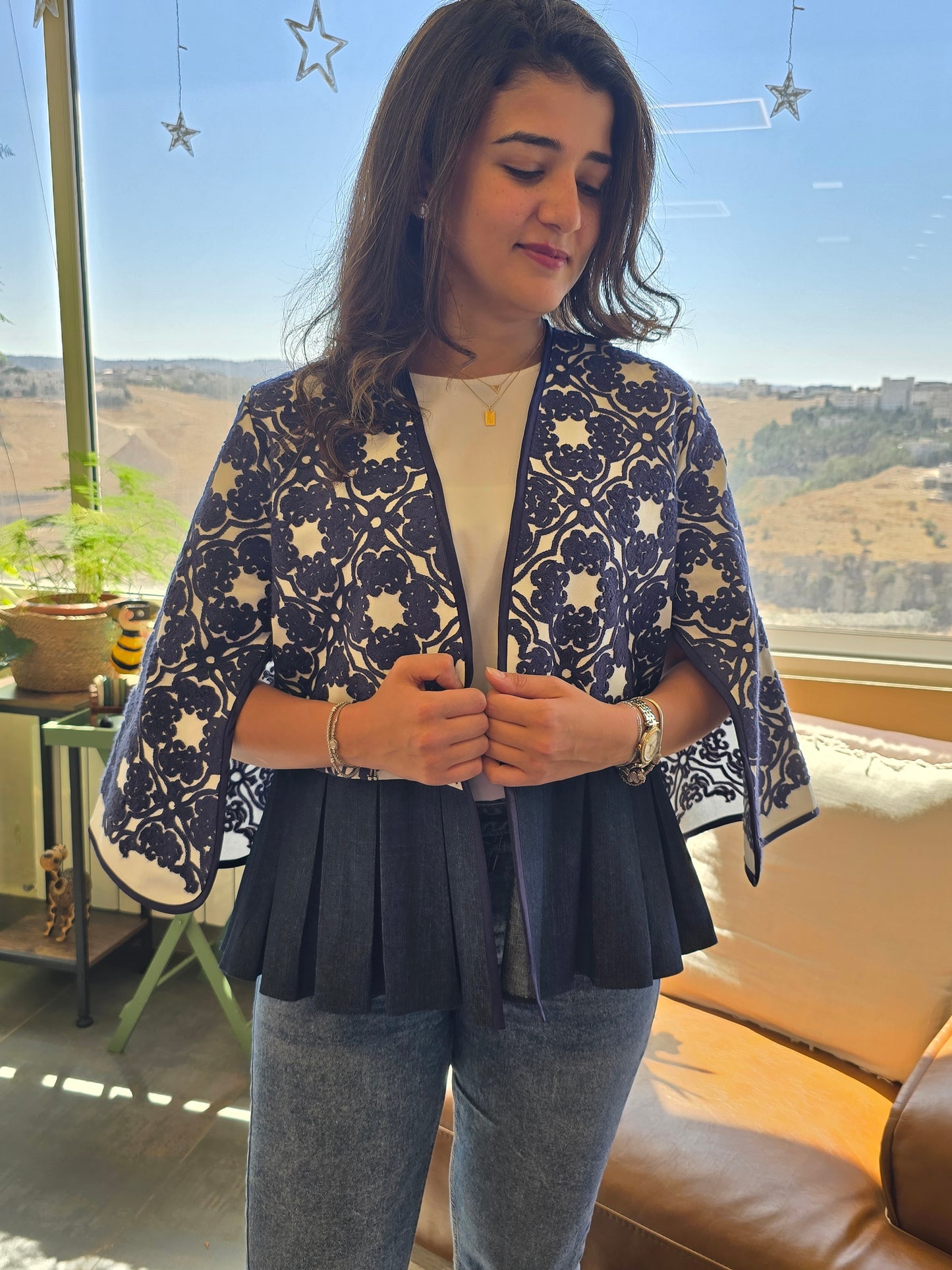 White & Navy Embroidered Jacket With Denim Raffles - Virtual Bazaar Jordan