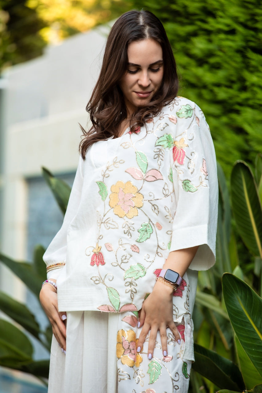 Floral White Linen Two-piece Set, From Wisam Collection