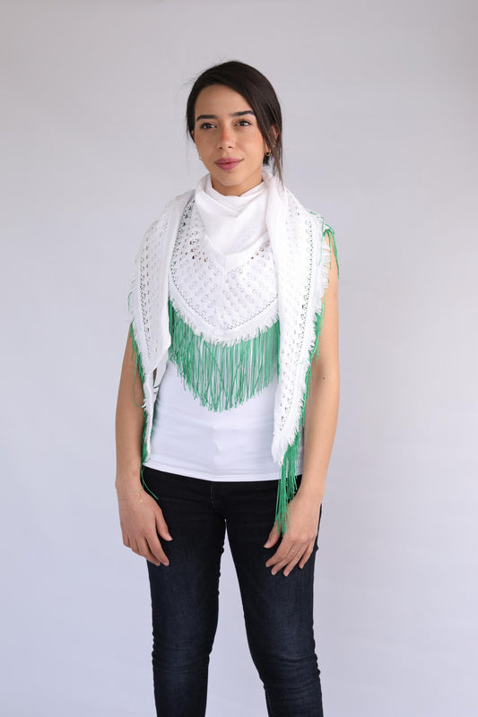 White Cotton Scarf With Green Tassels - Virtual Bazaar Jordan