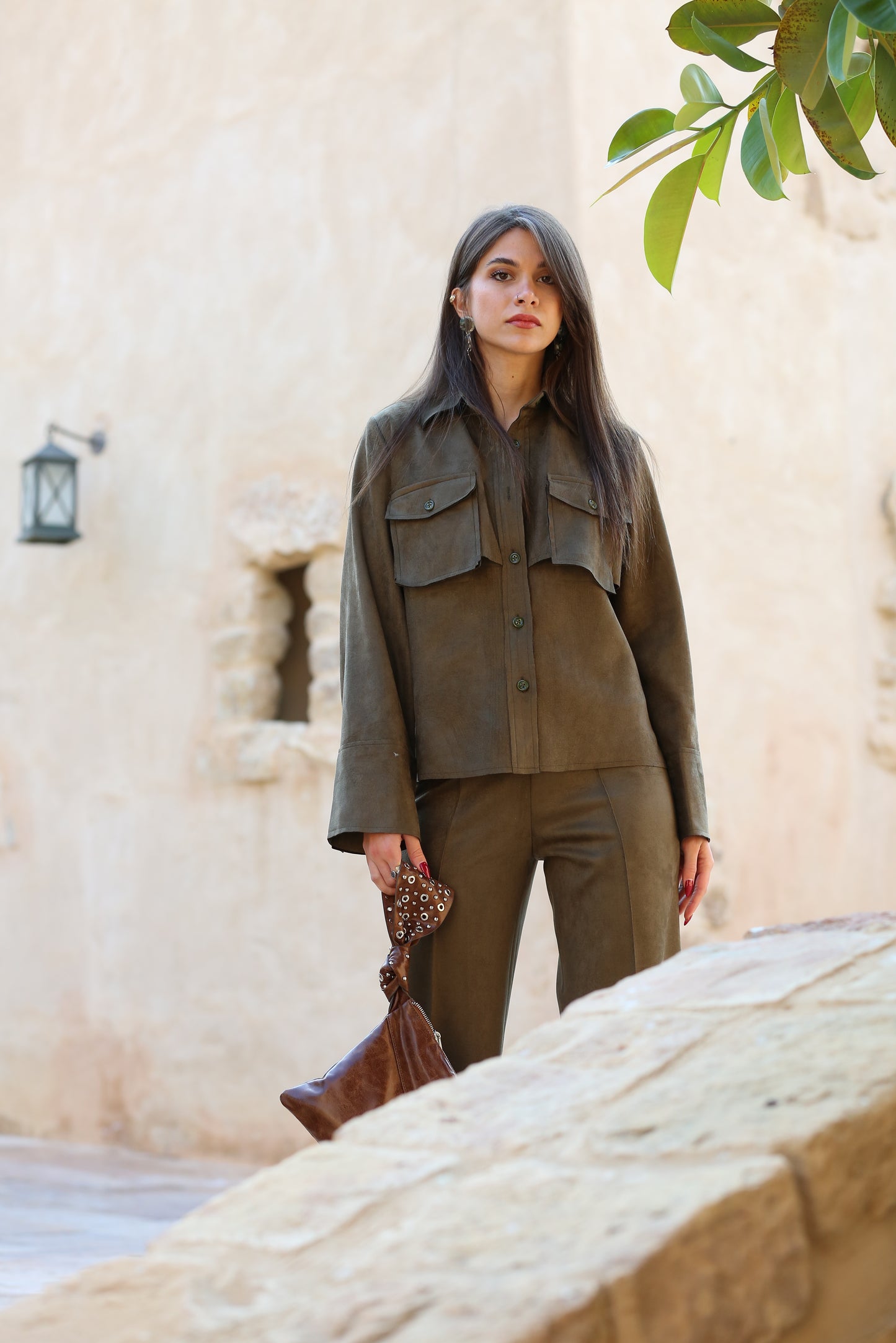 Suede Set Buttoned-Shirt with Pants