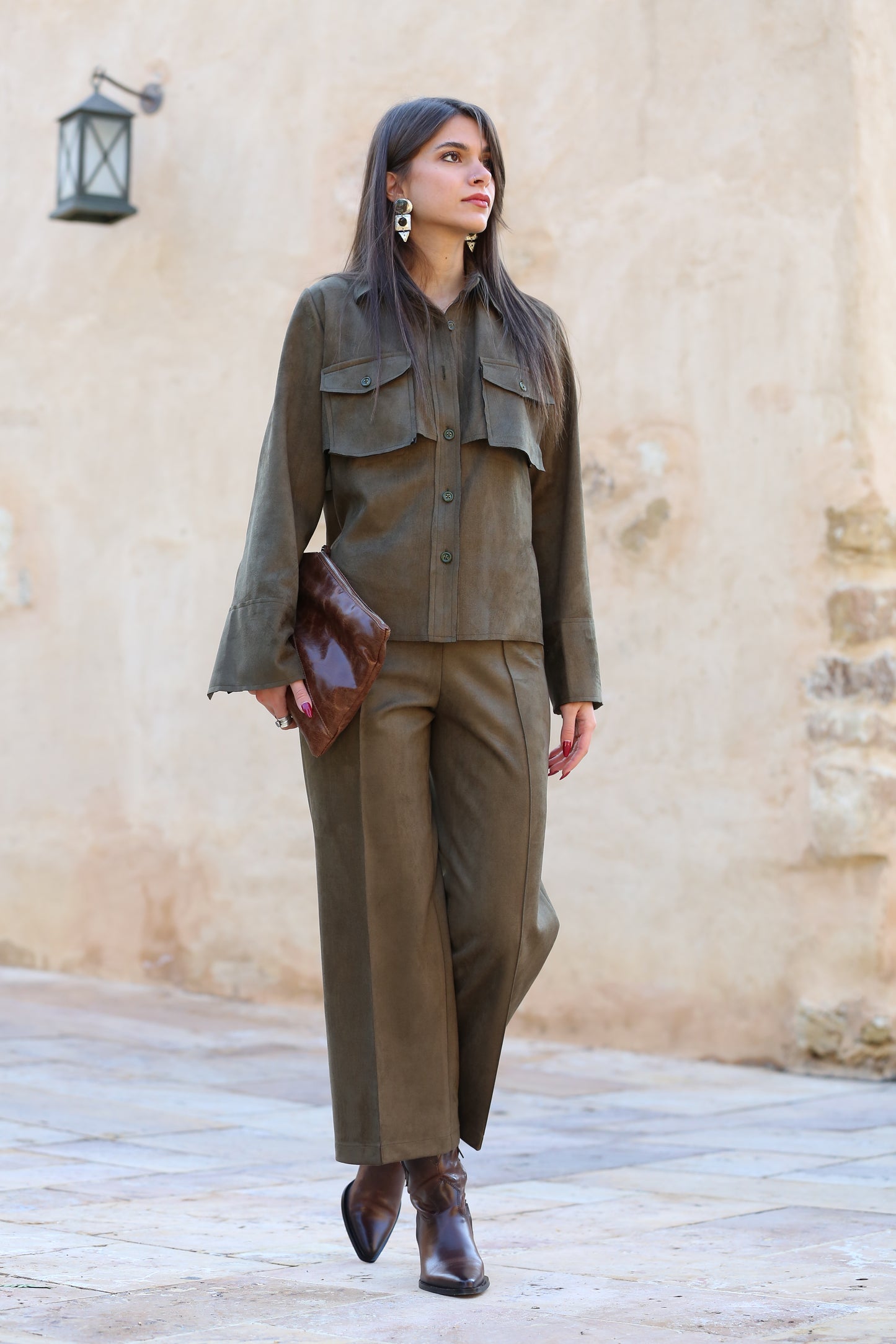 Suede Set Buttoned-Shirt with Pants
