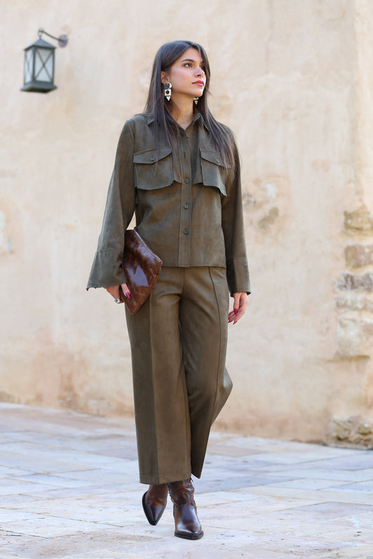 Suede Set Buttoned-Shirt with Pants