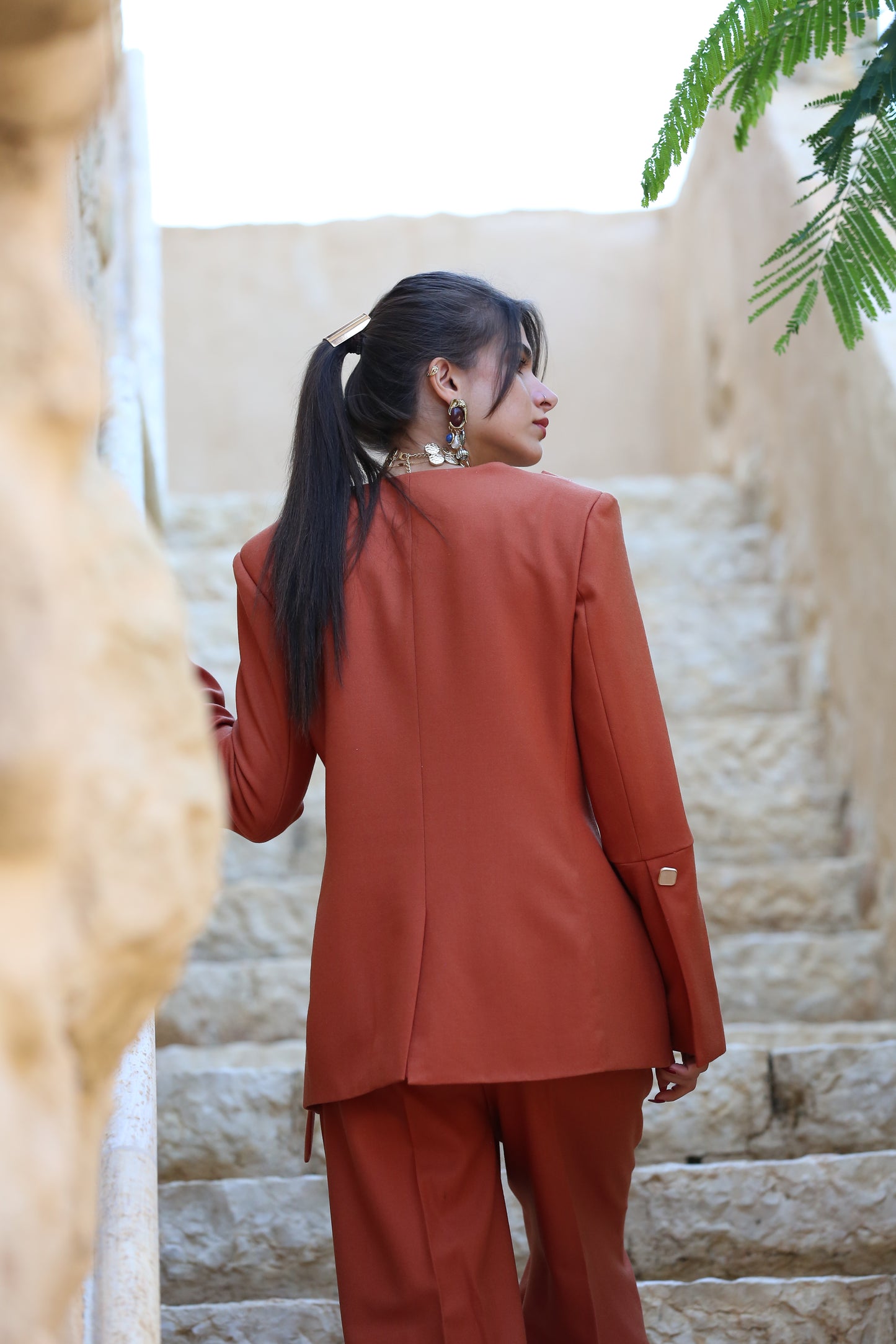 Structured Single-Breasted Wool Blazer – Terracotta