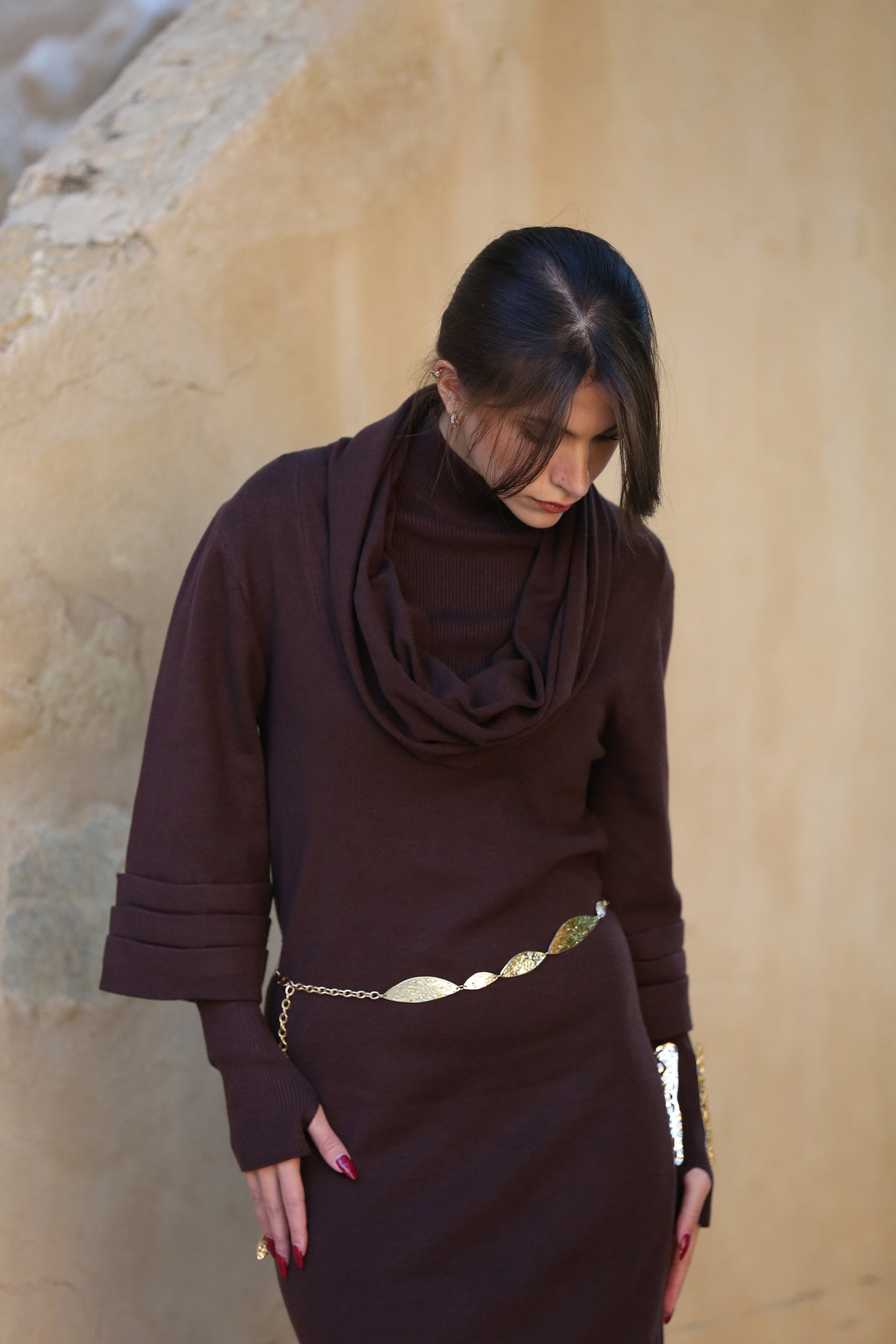 Knitted Midi Dress with Draped Collar