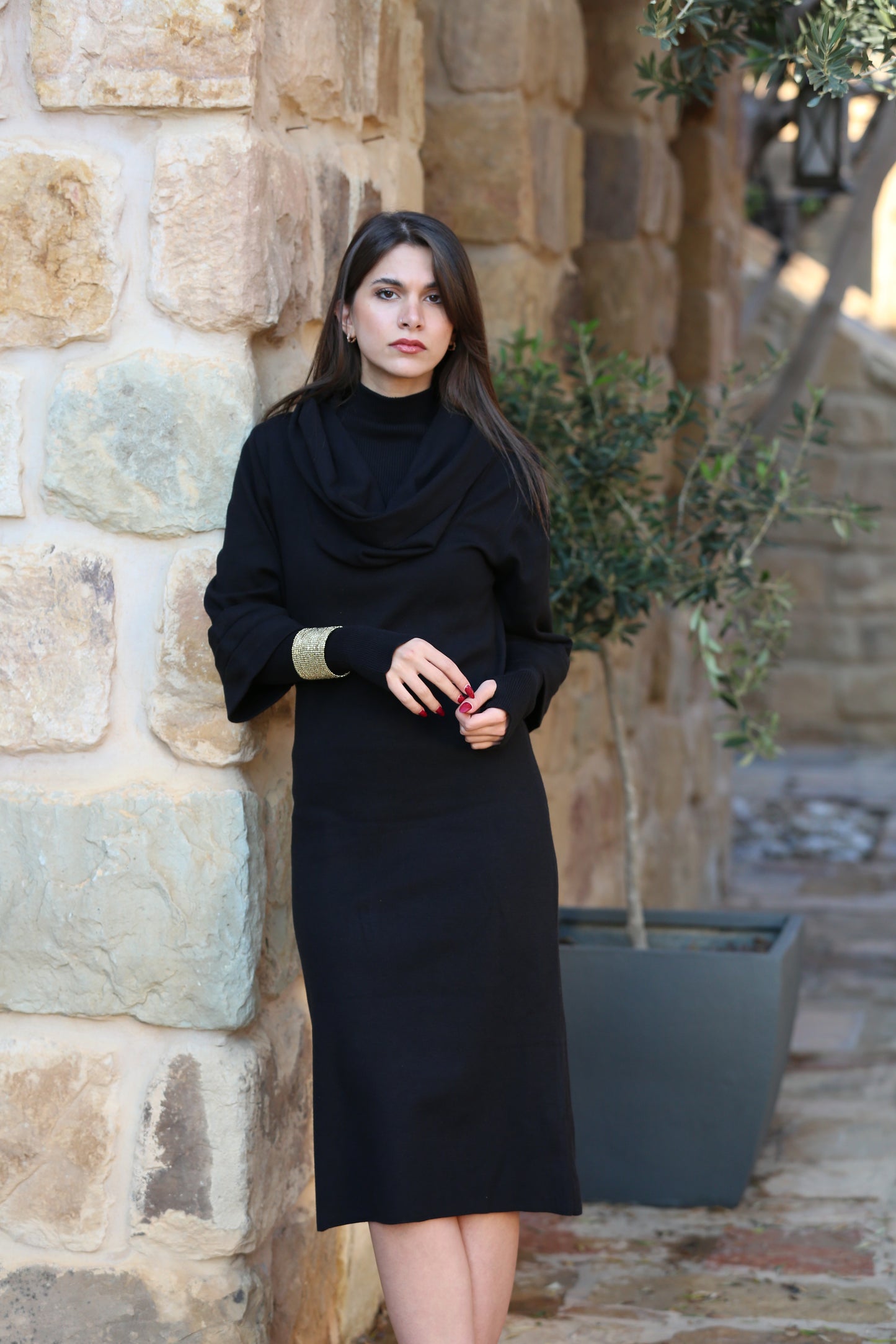 Knitted Midi Dress with Draped Collar