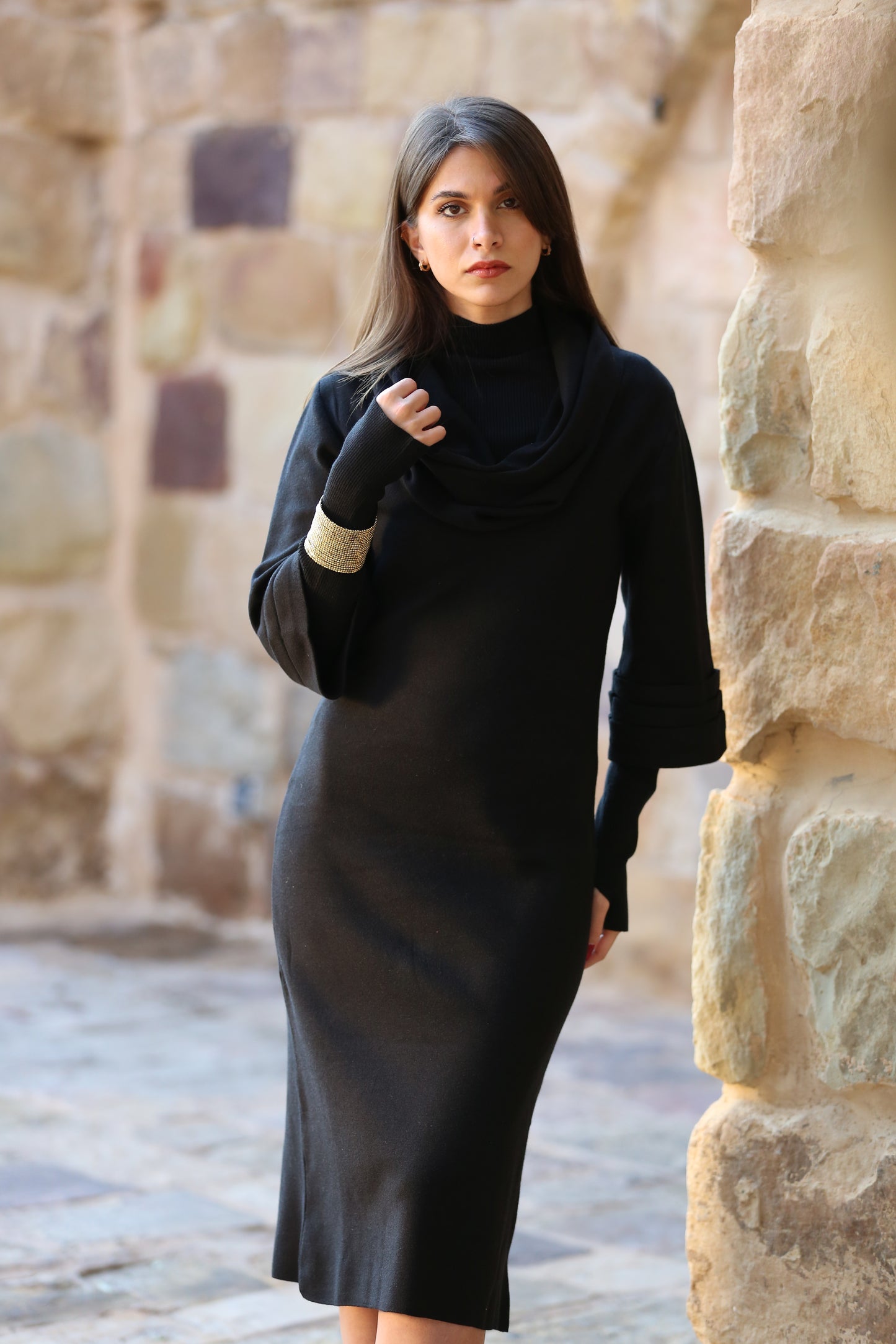 Knitted Midi Dress with Draped Collar