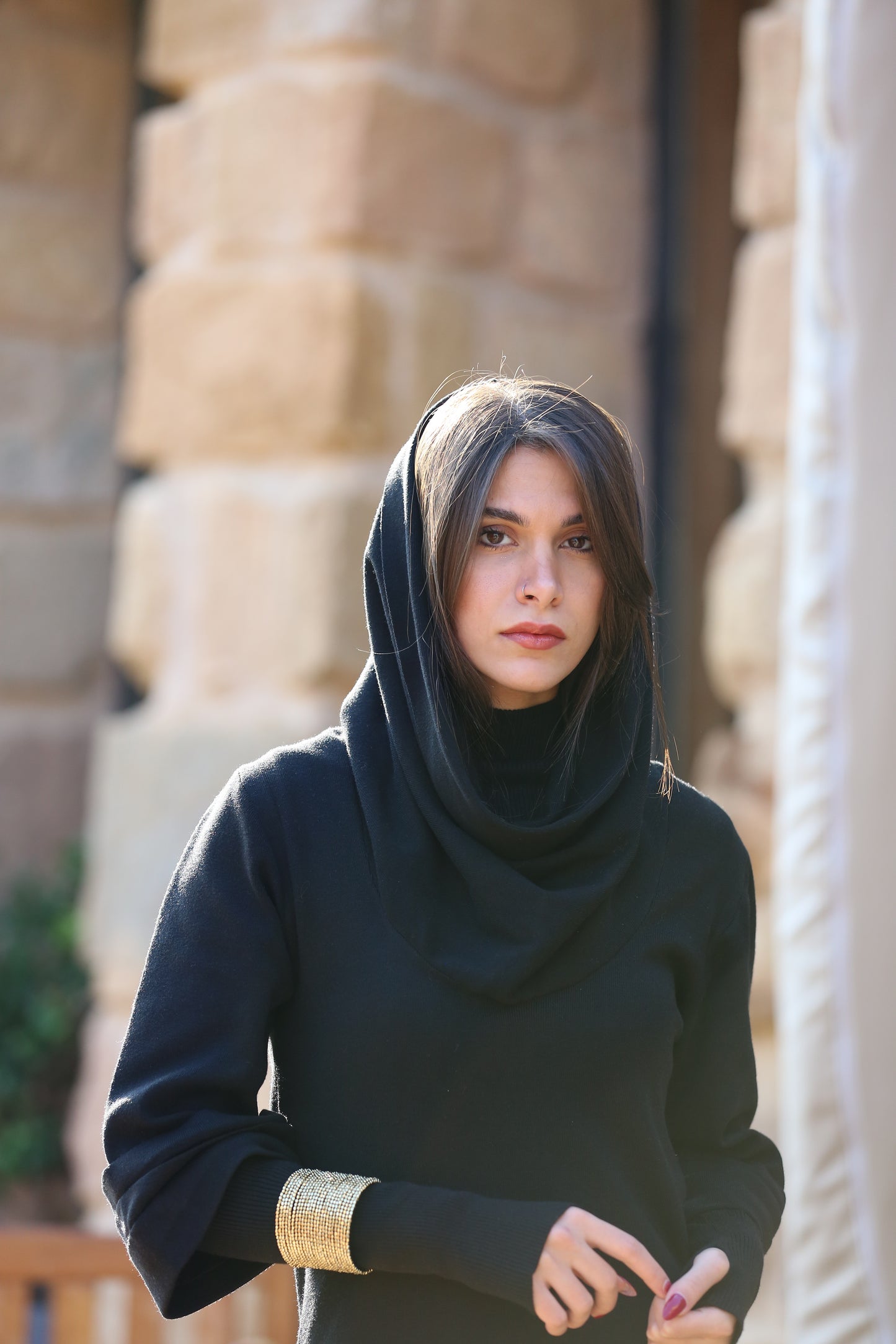 Knitted Midi Dress with Draped Collar