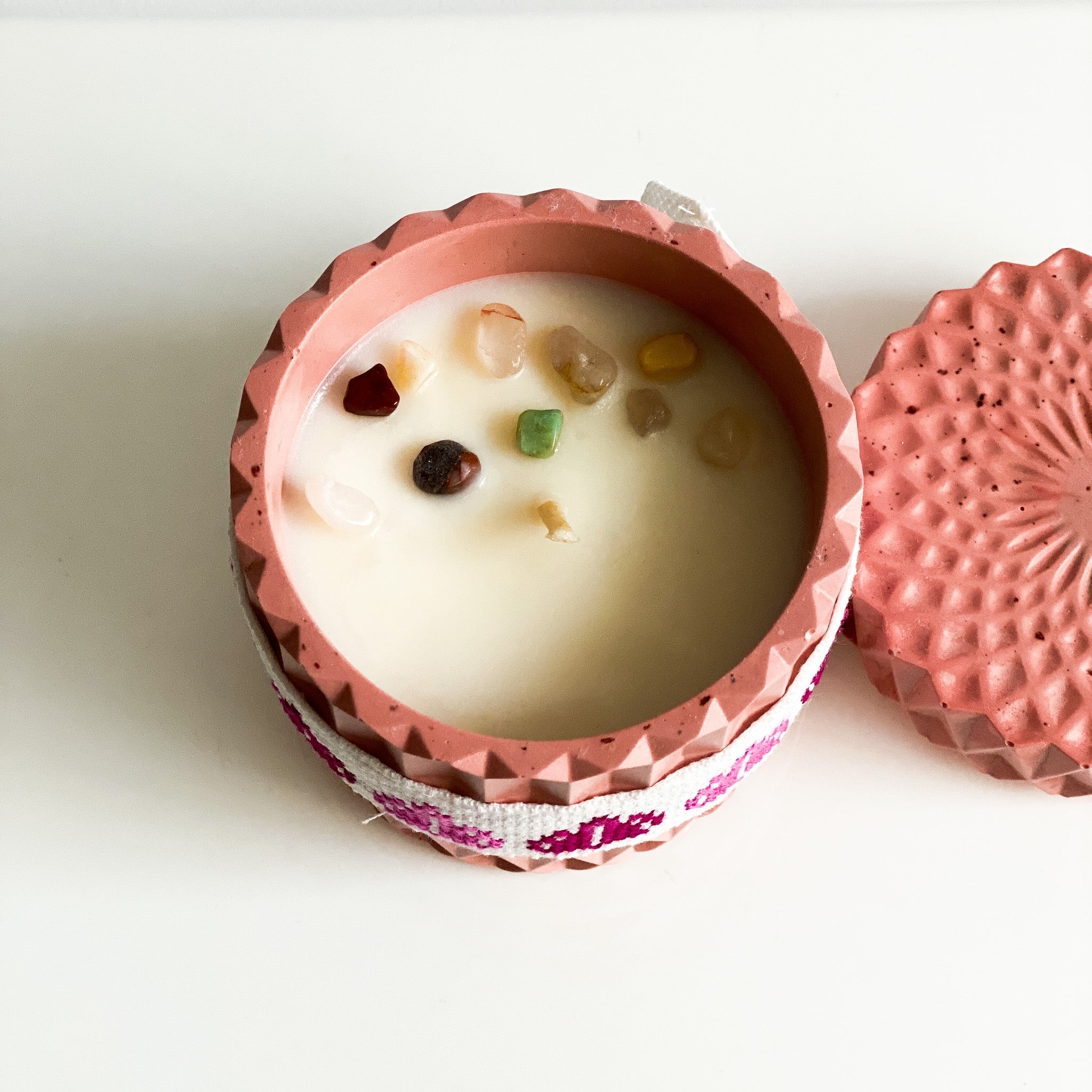 Stone Candle with Embroidered Belt, Pomegranate - Wonder Candles