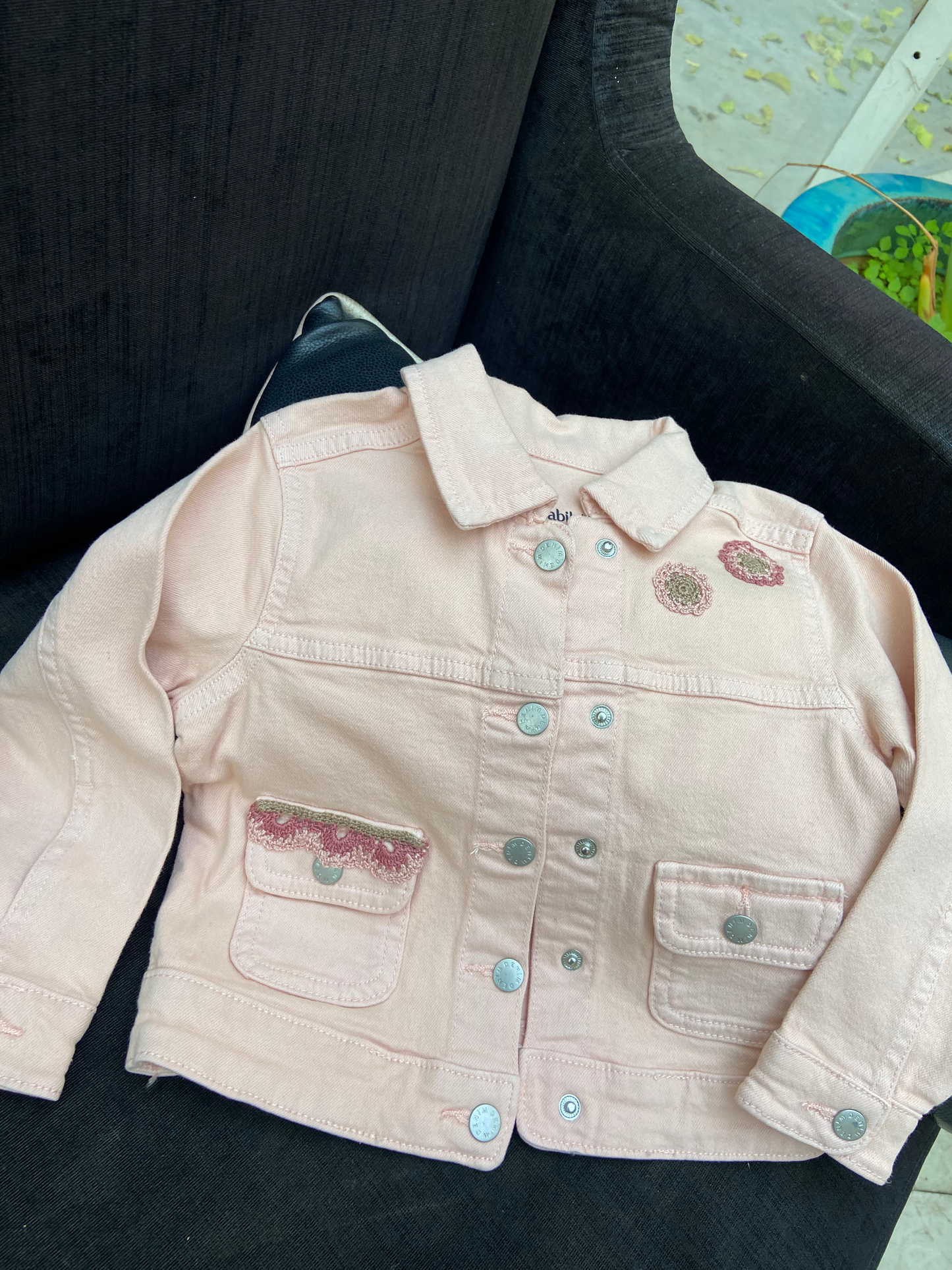 Jeans jacket with grey and pink mandalas, from Nabila's Creations