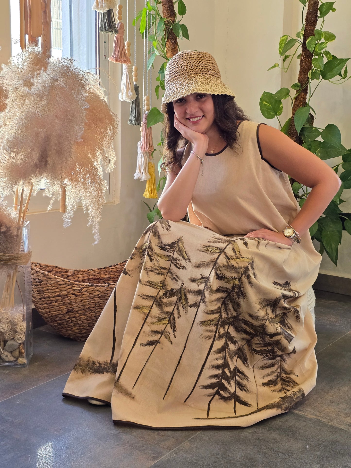 Linen Beig Long dress painted with Coffee