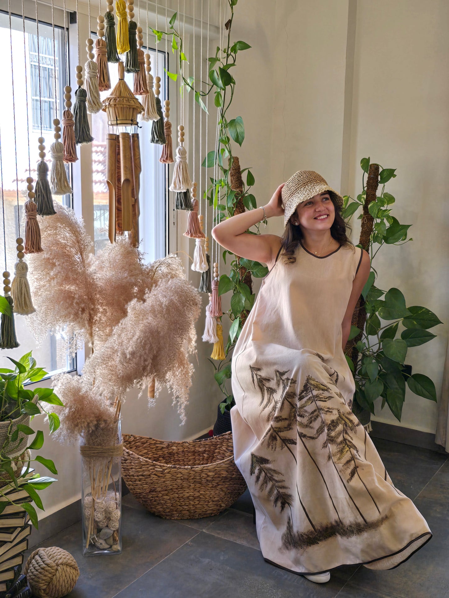 Linen Beig Long dress painted with Coffee