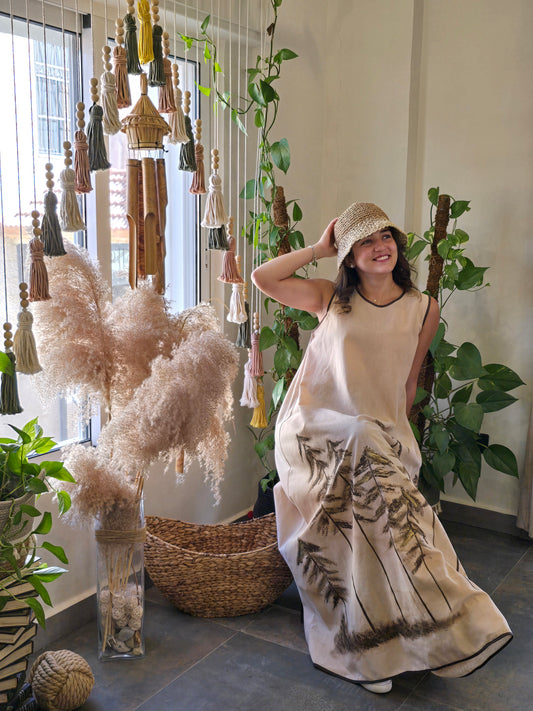 Linen Beig Long dress painted with Coffee