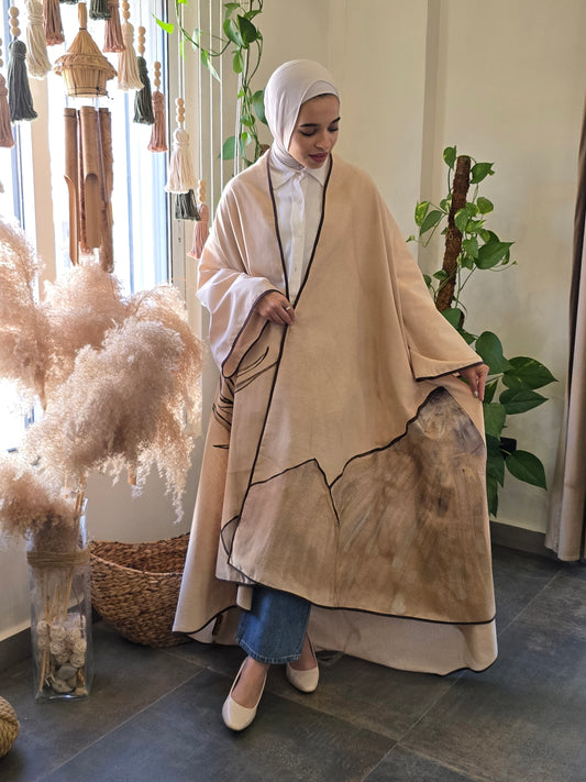 Linen Beig Long Jaket painted with Coffee