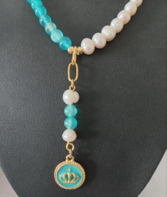 Pearl and turquoise agate with gold plated pieces necklace