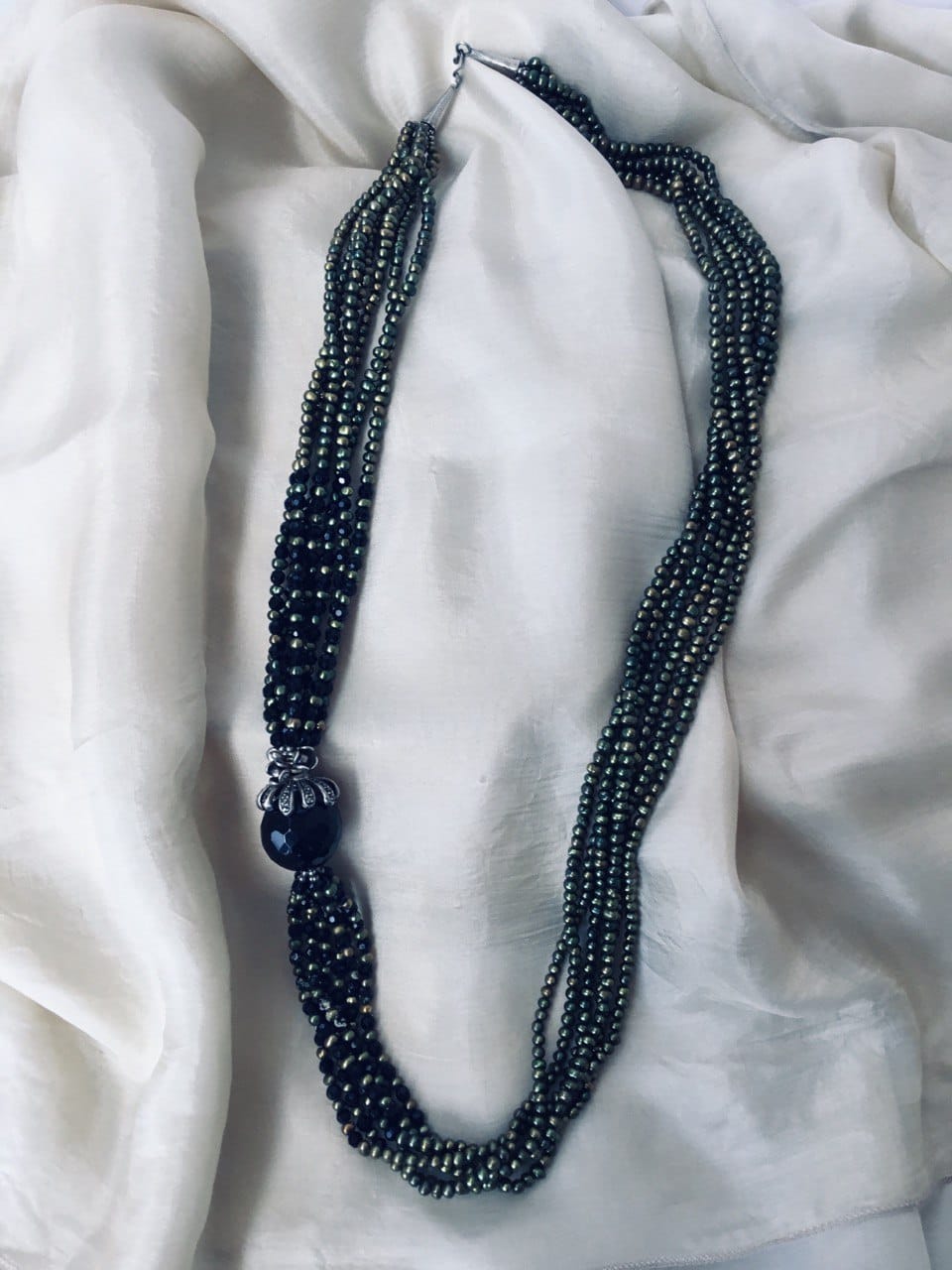 Necklace of Rare Green Pearls with Black Onyx