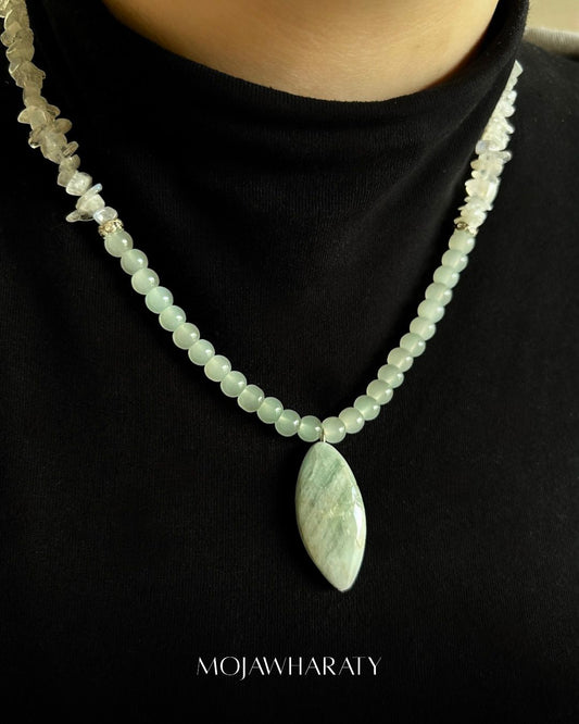 Jadeite and Clear Quartz Necklace with Amazonite Pendant