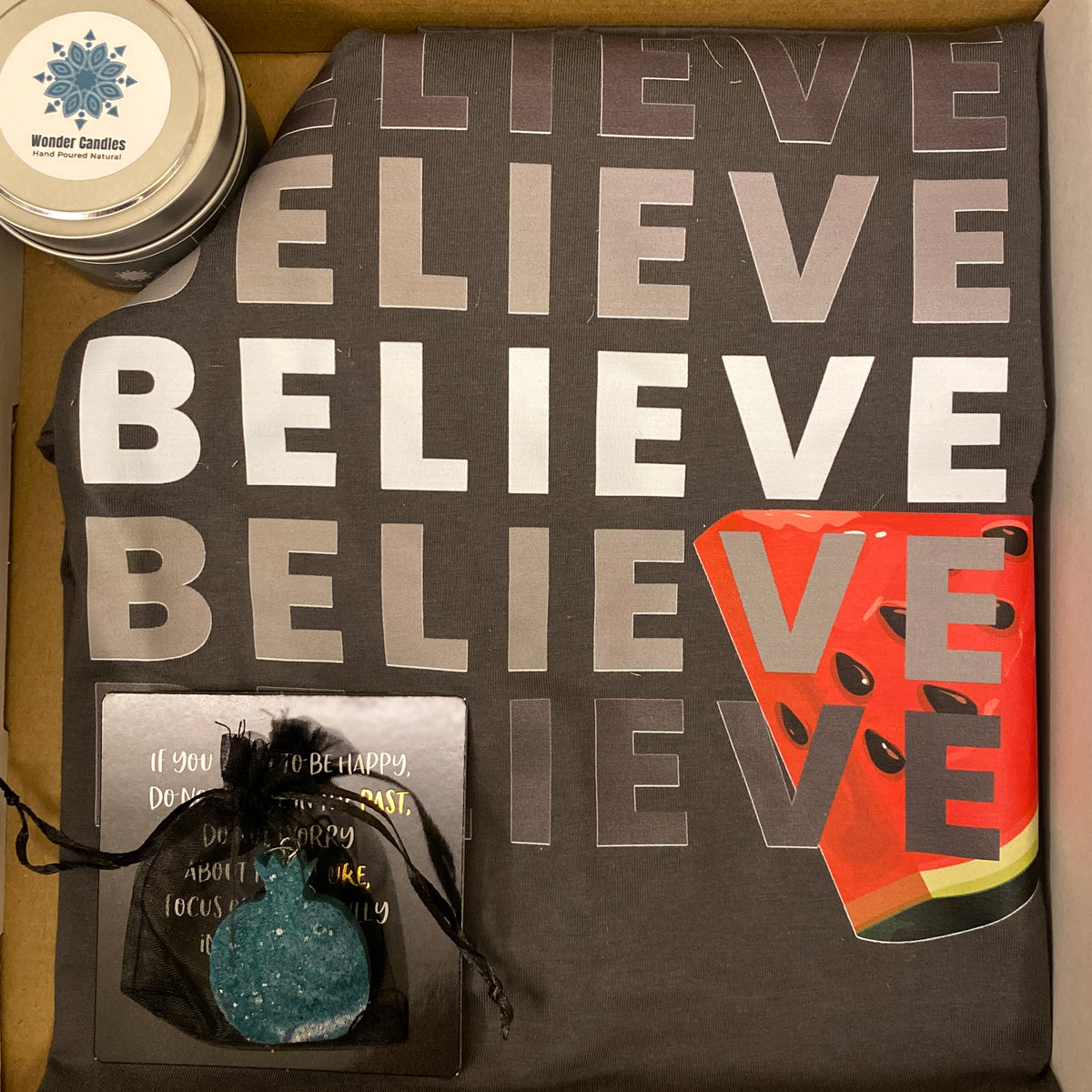 Gift Set with BELIEVE Teeshirt and Candle