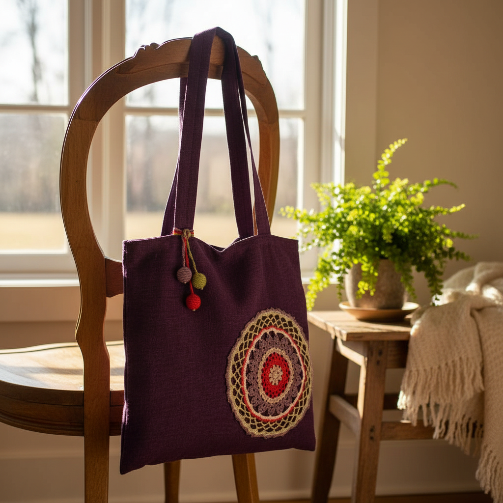 Purple Tote Bag with Crochet Detail