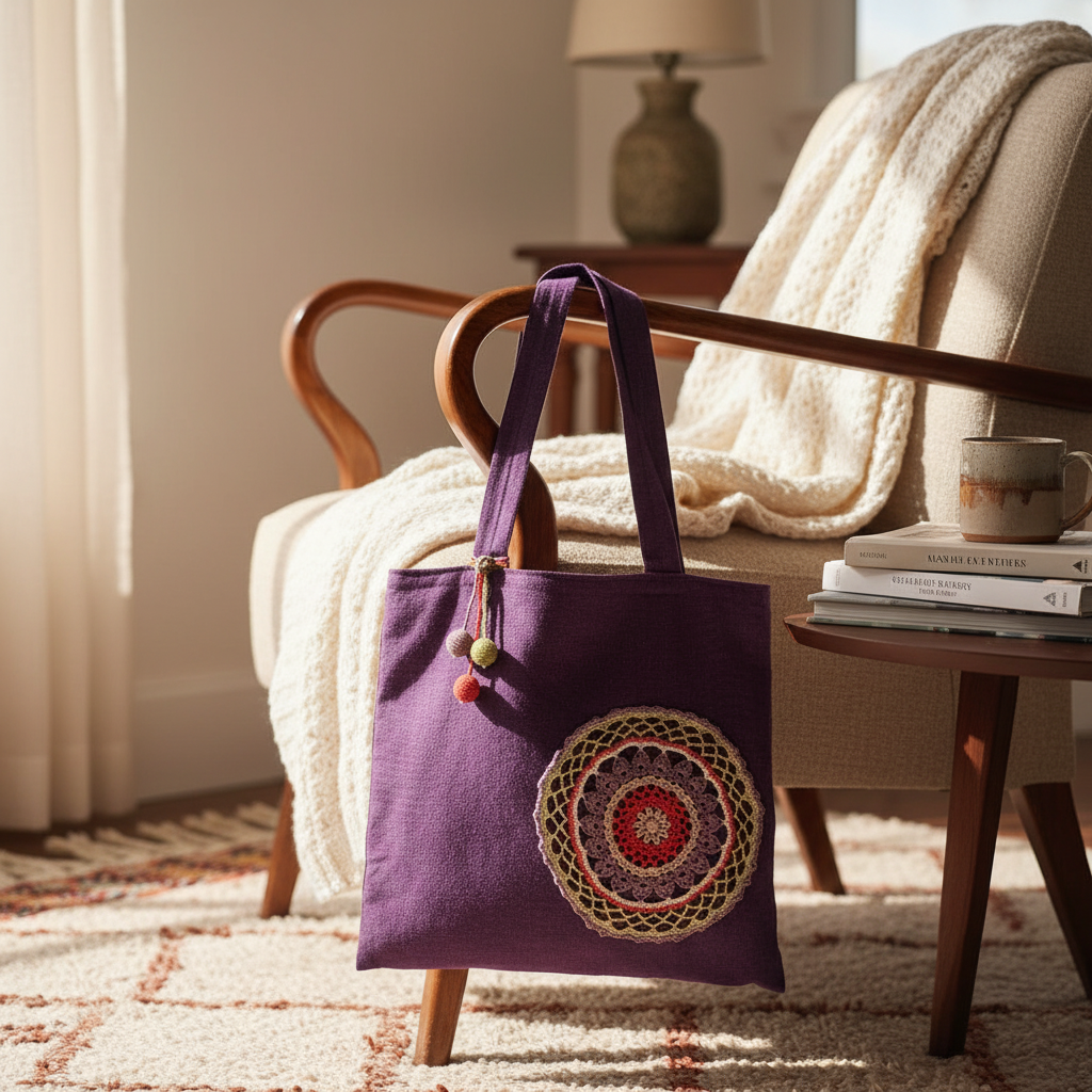 Purple Tote Bag with Crochet Detail