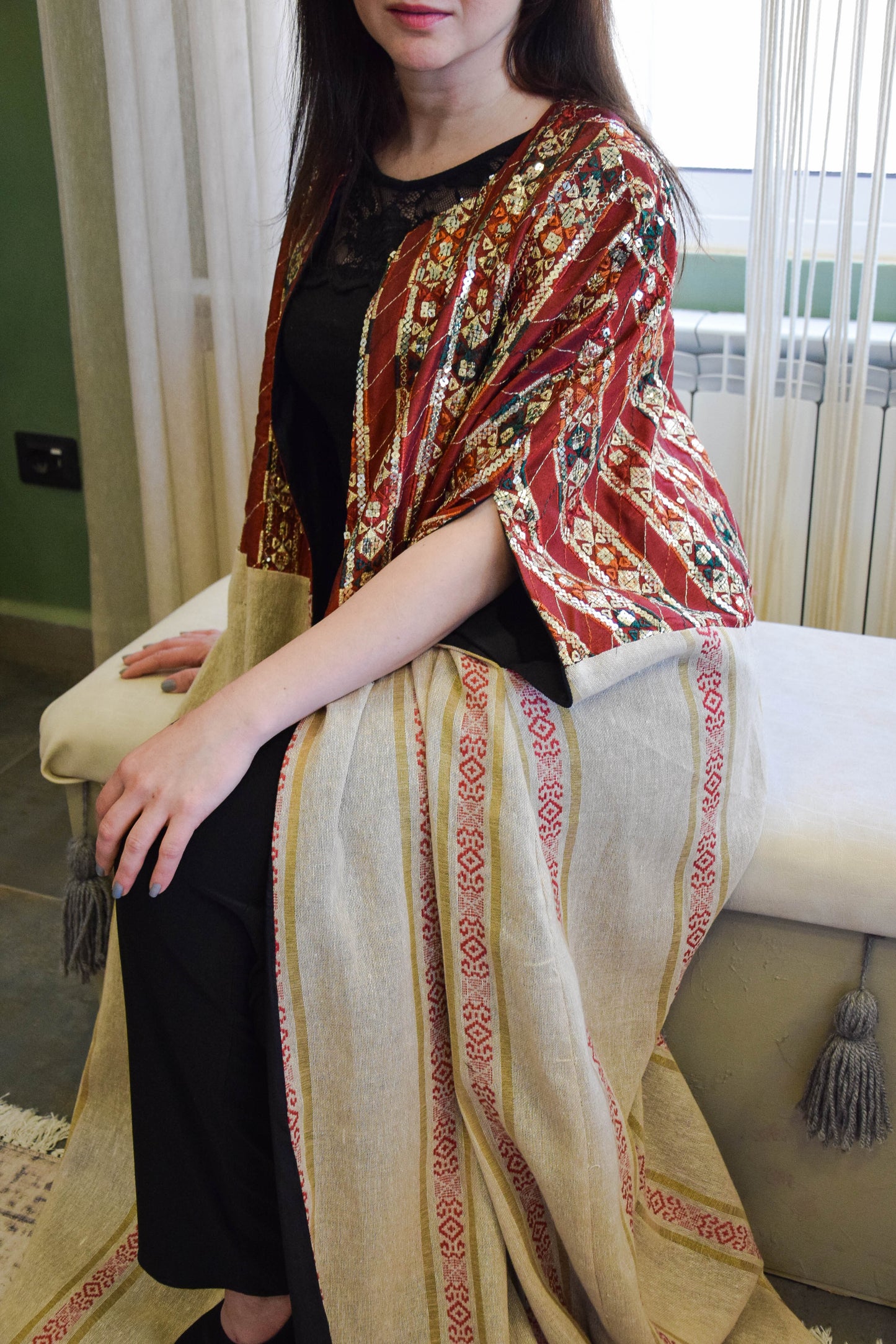 Linen Abay Cap Beige with red Embroidered