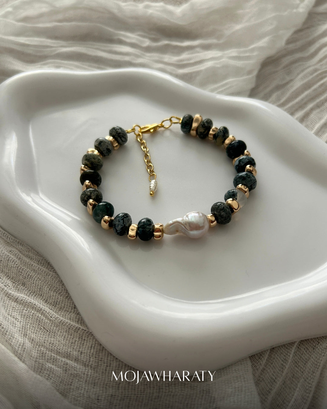 Green Moss and Fresh Water Pearl Bracelet