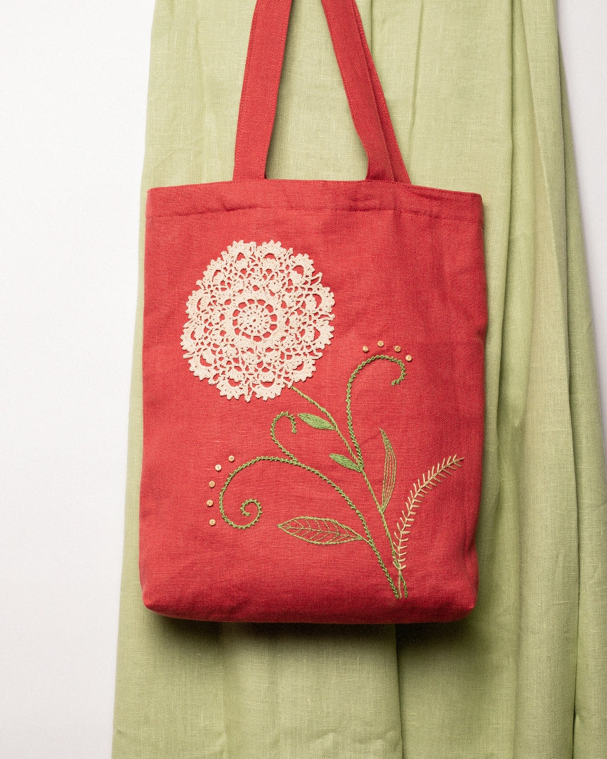 Linen Tote Bag with Crochet Detail