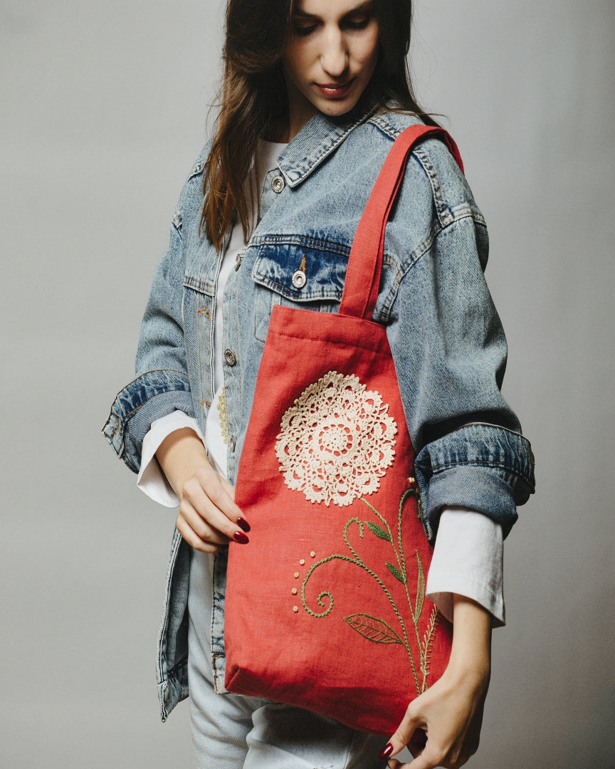 Linen Tote Bag with Crochet Detail