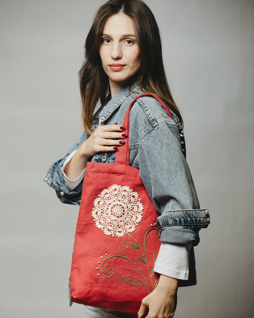 Linen Tote Bag with Crochet Detail