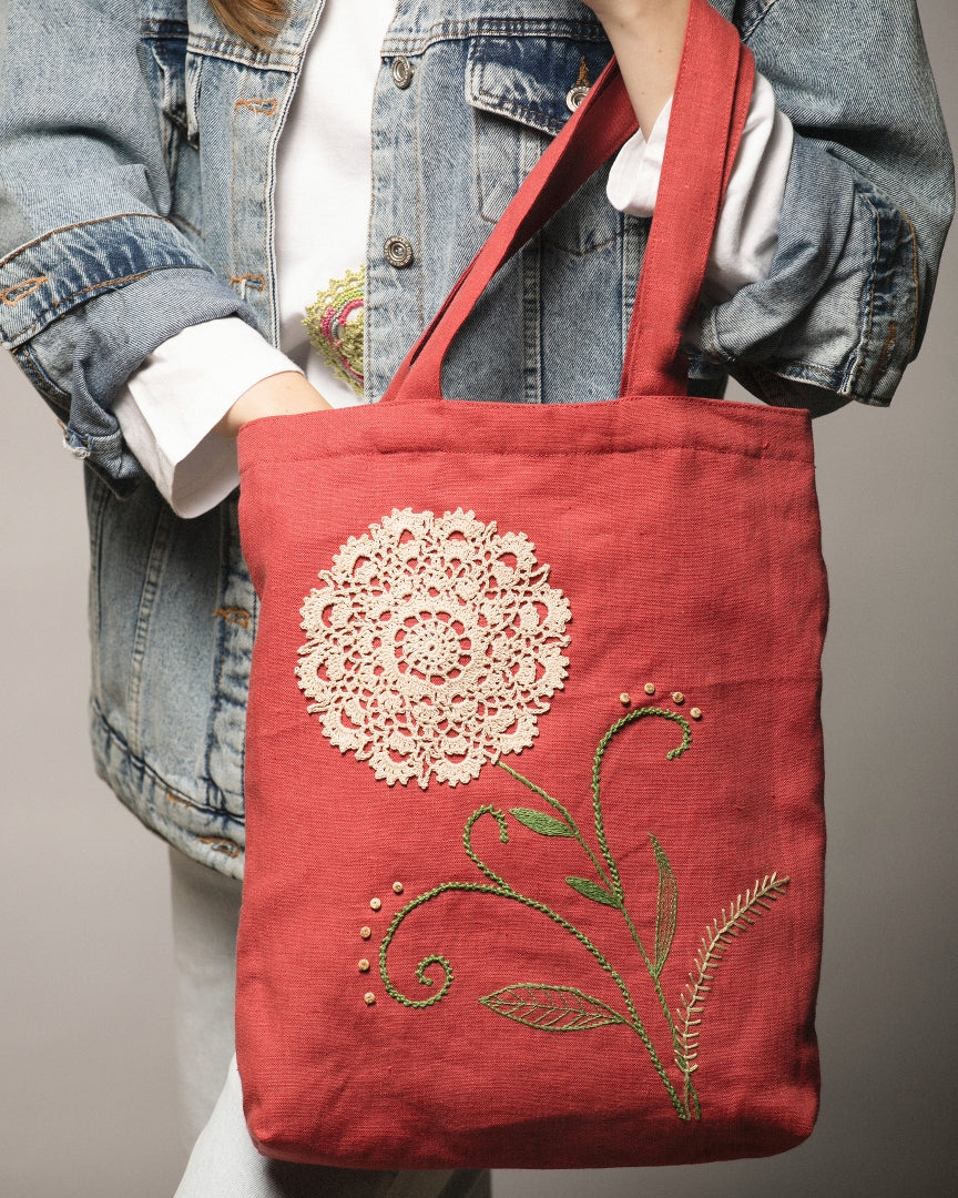 Linen Tote Bag with Crochet Detail